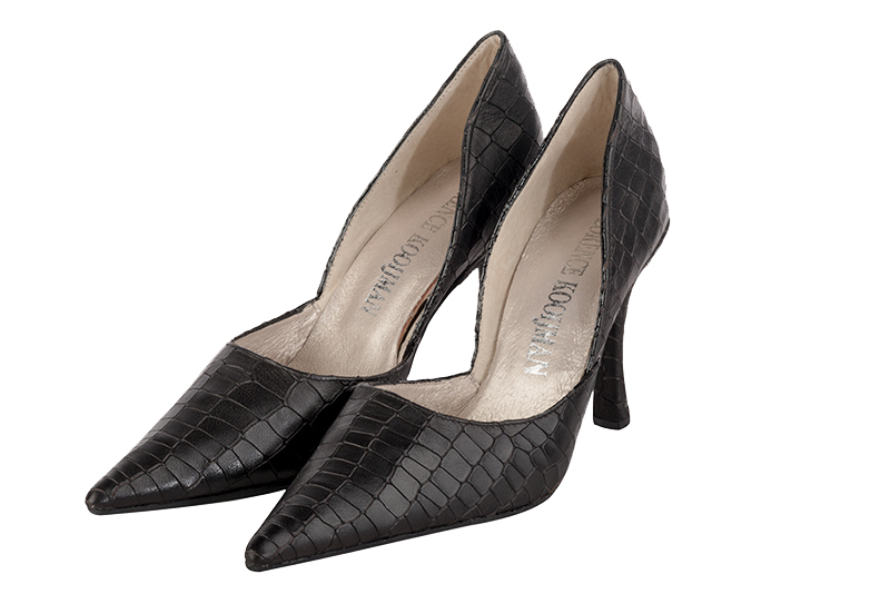 Satin black women's open arch dress pumps. Pointed toe. Very high slim heel. Front view - Florence KOOIJMAN